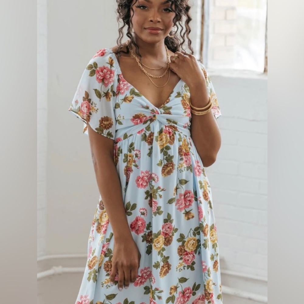 Magnolia Light Blue Floral Mini Dress with Pink & Yellow Roses